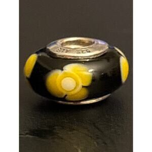 Pandora Black Yellow Flower Murano Glass Charm 925 ALE